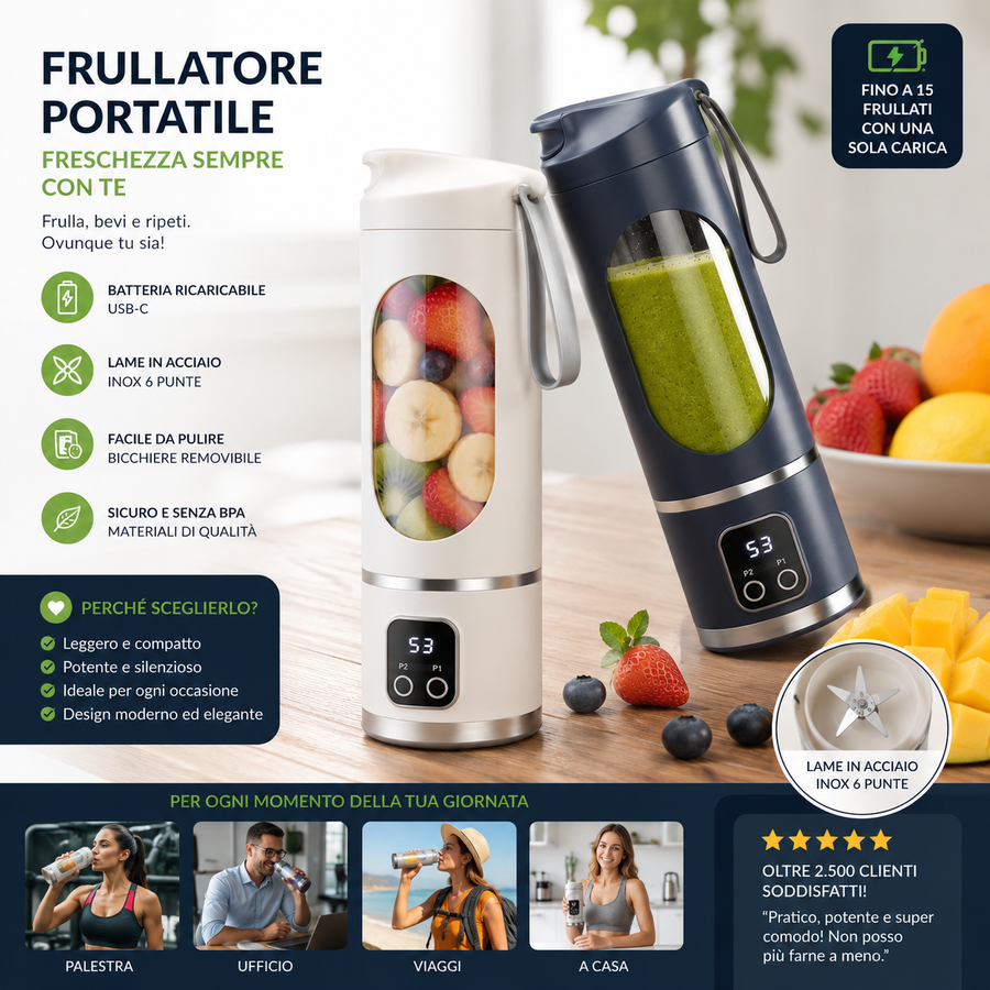 Frullatore portatile in uso con frutta fresca